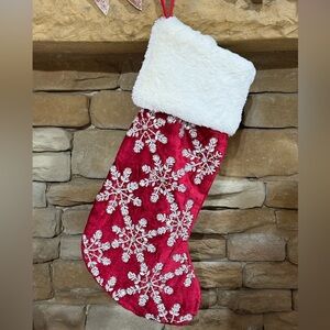Christian Siriano Christmas Holiday Red White Faux Fur Beaded Stocking 22"